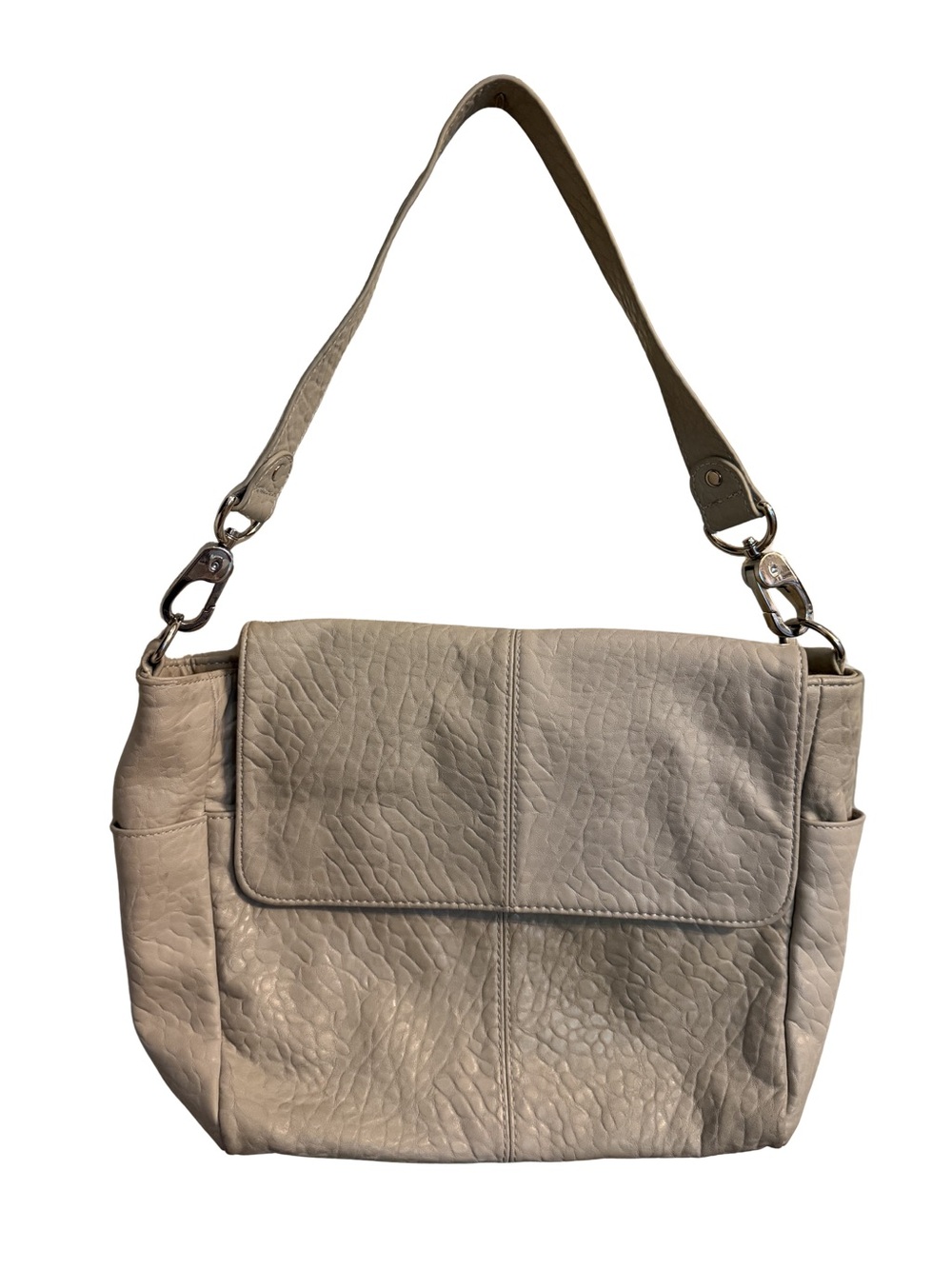Taupe Leather Shoulder Bag with Flap - Women's Everyday Tote
